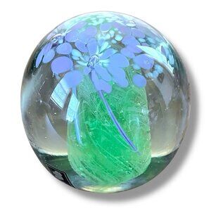 Vintage Kerry Art Glass Ireland Paperweight Purple White Green Floral Flowers 3"